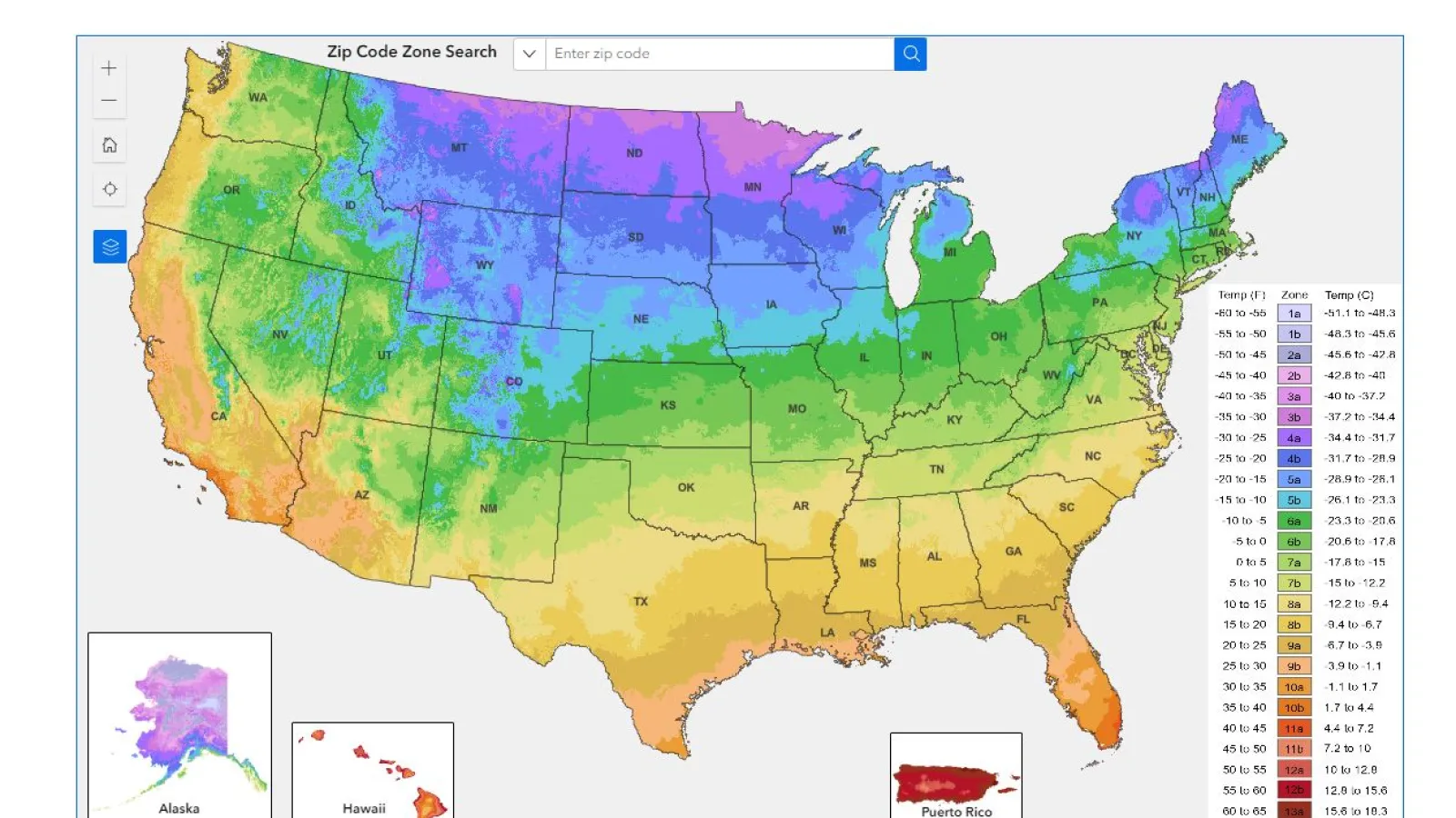Thematic Map of the 2023 USDA Plant Hardiness Zone Map with a sequence of colors assigned to the zones mimics the chromatic spectrum produced by a prism (i.e., red, orange, yellow, green, blue, indigo, and violet). A legend and three insert maps of Alaska, Hawaii and Puerto Rico.