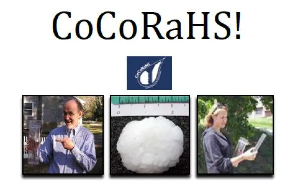 A collage of 5 images side by side with a title, COCORaHS! and a logo. Images are a bottle of water, a man holding up and pointing to a glass of liquid, a hail piece with a ruler on a table, a women outdoor with instruments and a glass column on a table filled with snow.