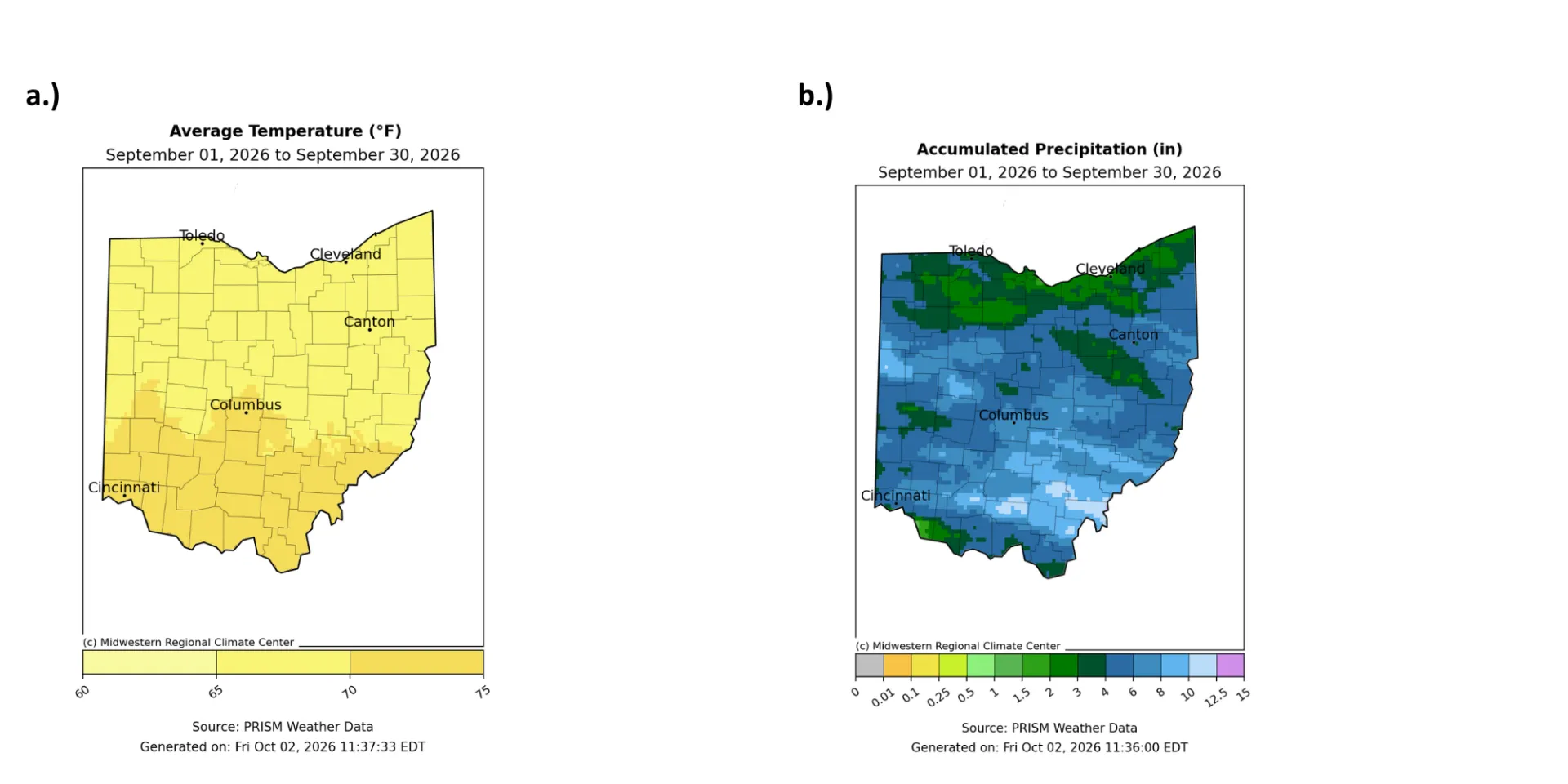 Map of Ohio with average temperature and accumulated precipitation.